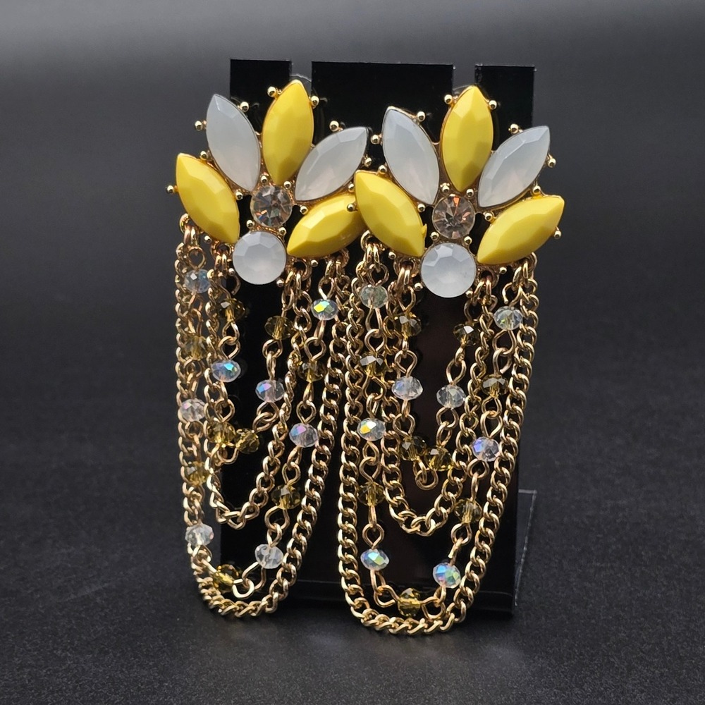 Yellow Rhinestone Chain Earrings Dangle Flower - Picture 4 of 8